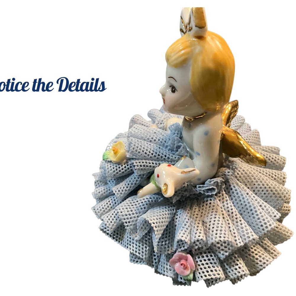 Irish Dresden Angel Doll Blue Lace Figurine Girl Bunny Vintage Porcelain Lace - Picture 3 of 15